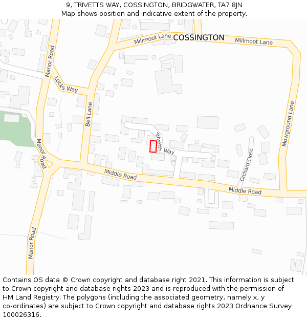 9, TRIVETTS WAY, COSSINGTON, BRIDGWATER, TA7 8JN: Location map and indicative extent of plot