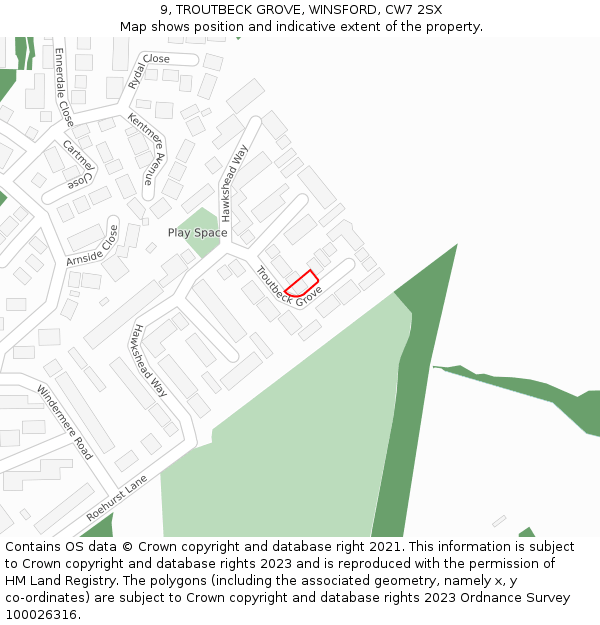 9, TROUTBECK GROVE, WINSFORD, CW7 2SX: Location map and indicative extent of plot