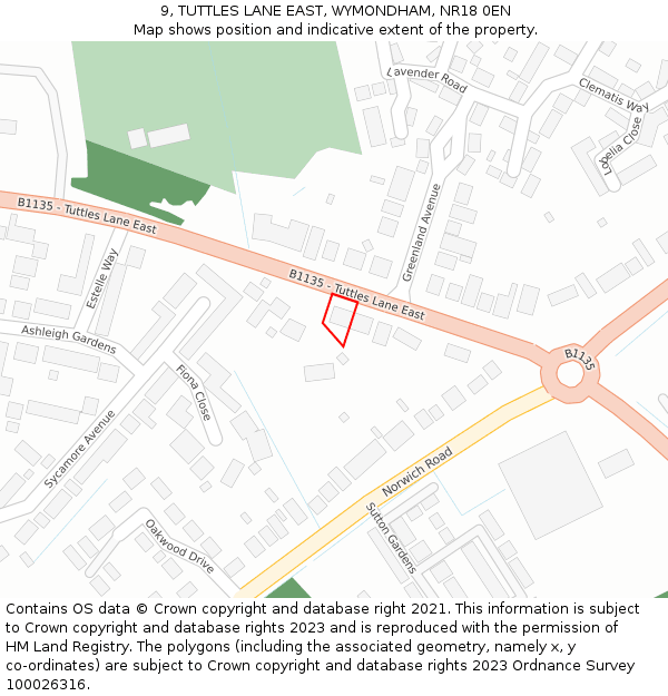 9, TUTTLES LANE EAST, WYMONDHAM, NR18 0EN: Location map and indicative extent of plot