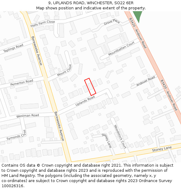 9, UPLANDS ROAD, WINCHESTER, SO22 6ER: Location map and indicative extent of plot