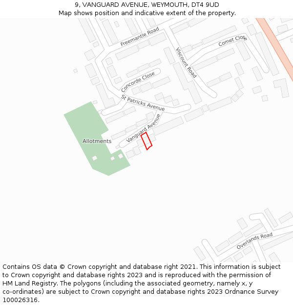 9, VANGUARD AVENUE, WEYMOUTH, DT4 9UD: Location map and indicative extent of plot