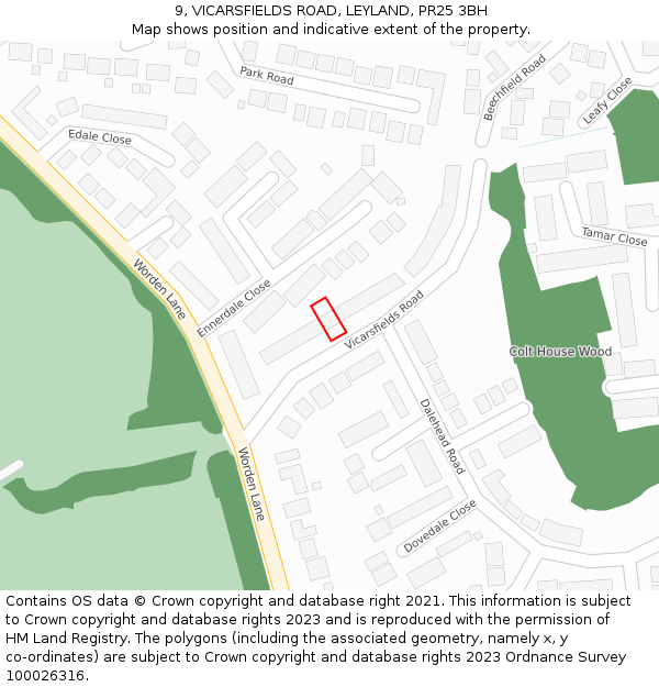 9, VICARSFIELDS ROAD, LEYLAND, PR25 3BH: Location map and indicative extent of plot