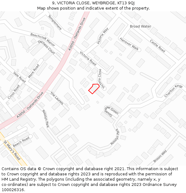 9, VICTORIA CLOSE, WEYBRIDGE, KT13 9QJ: Location map and indicative extent of plot