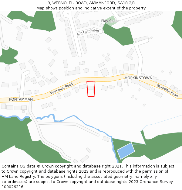 9, WERNOLEU ROAD, AMMANFORD, SA18 2JR: Location map and indicative extent of plot