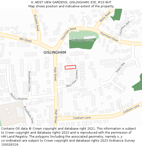 9, WEST VIEW GARDENS, GISLINGHAM, EYE, IP23 8HT: Location map and indicative extent of plot