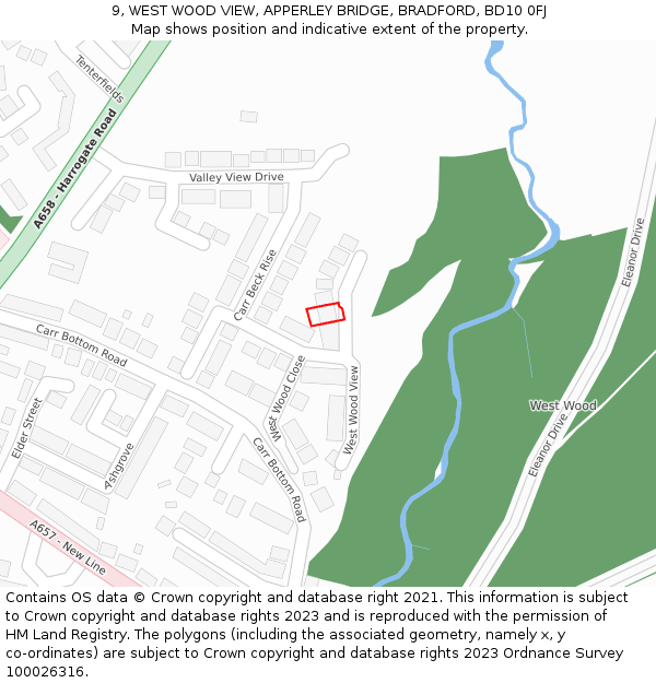 9, WEST WOOD VIEW, APPERLEY BRIDGE, BRADFORD, BD10 0FJ: Location map and indicative extent of plot