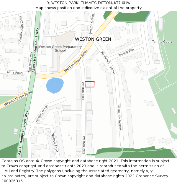 9, WESTON PARK, THAMES DITTON, KT7 0HW: Location map and indicative extent of plot