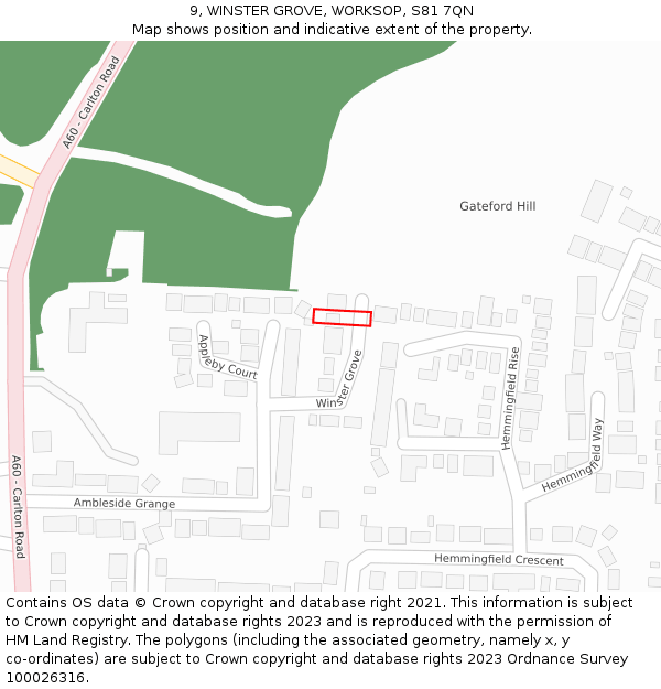 9, WINSTER GROVE, WORKSOP, S81 7QN: Location map and indicative extent of plot