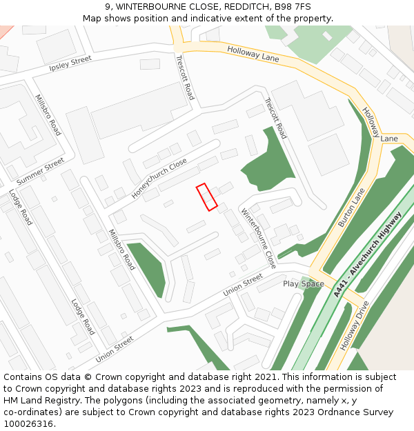 9, WINTERBOURNE CLOSE, REDDITCH, B98 7FS: Location map and indicative extent of plot