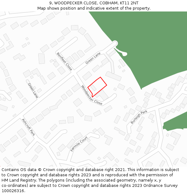 9, WOODPECKER CLOSE, COBHAM, KT11 2NT: Location map and indicative extent of plot