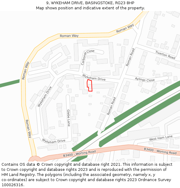 9, WYKEHAM DRIVE, BASINGSTOKE, RG23 8HP: Location map and indicative extent of plot