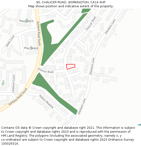 90, CHAUCER ROAD, WORKINGTON, CA14 4HP: Location map and indicative extent of plot