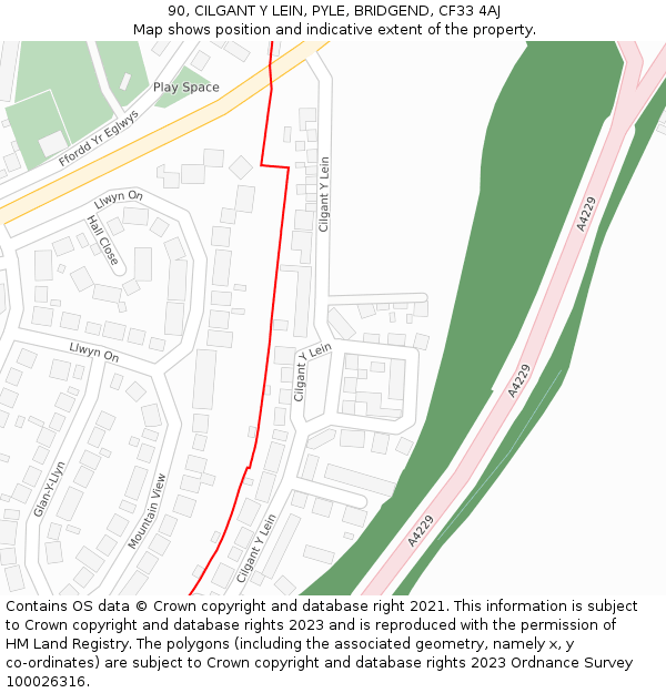 90, CILGANT Y LEIN, PYLE, BRIDGEND, CF33 4AJ: Location map and indicative extent of plot