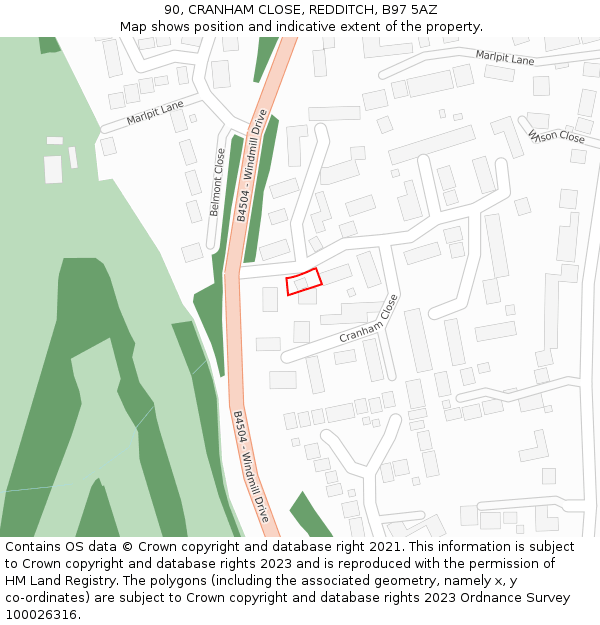 90, CRANHAM CLOSE, REDDITCH, B97 5AZ: Location map and indicative extent of plot