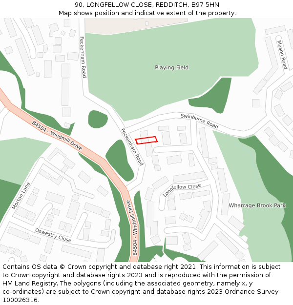 90, LONGFELLOW CLOSE, REDDITCH, B97 5HN: Location map and indicative extent of plot