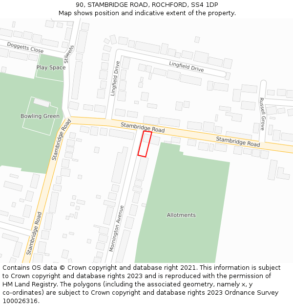 90, STAMBRIDGE ROAD, ROCHFORD, SS4 1DP: Location map and indicative extent of plot