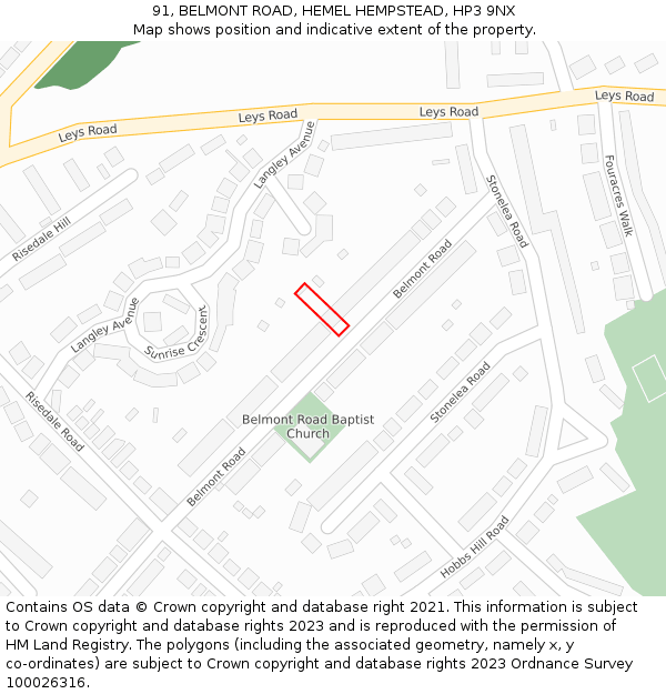 91, BELMONT ROAD, HEMEL HEMPSTEAD, HP3 9NX: Location map and indicative extent of plot