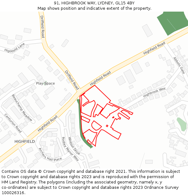 91, HIGHBROOK WAY, LYDNEY, GL15 4BY: Location map and indicative extent of plot