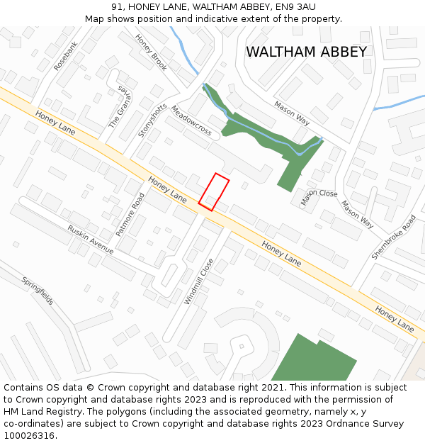 91, HONEY LANE, WALTHAM ABBEY, EN9 3AU: Location map and indicative extent of plot