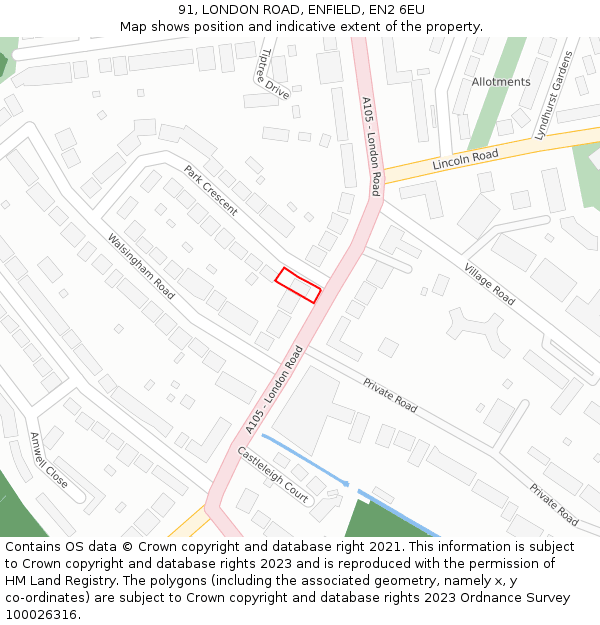 91, LONDON ROAD, ENFIELD, EN2 6EU: Location map and indicative extent of plot