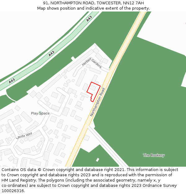 91, NORTHAMPTON ROAD, TOWCESTER, NN12 7AH: Location map and indicative extent of plot