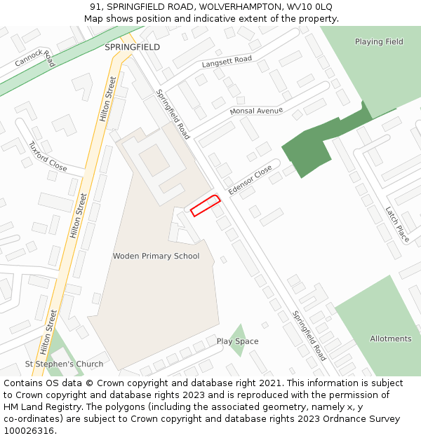 91, SPRINGFIELD ROAD, WOLVERHAMPTON, WV10 0LQ: Location map and indicative extent of plot