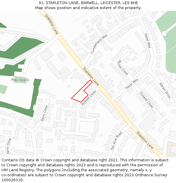 91, STAPLETON LANE, BARWELL, LEICESTER, LE9 8HE: Location map and indicative extent of plot