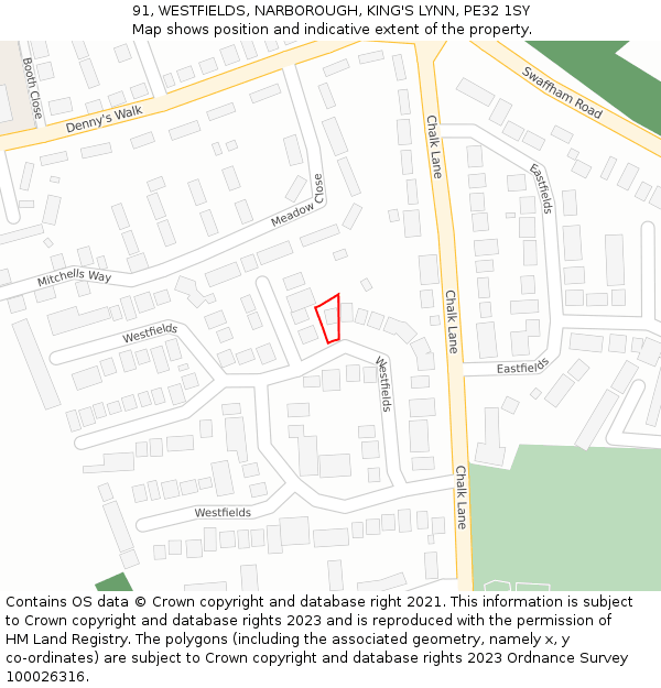 91, WESTFIELDS, NARBOROUGH, KING'S LYNN, PE32 1SY: Location map and indicative extent of plot