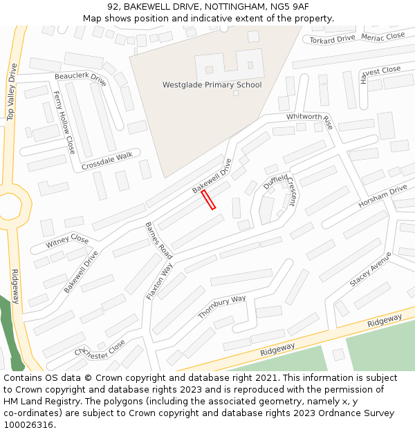 92, BAKEWELL DRIVE, NOTTINGHAM, NG5 9AF: Location map and indicative extent of plot