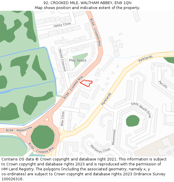 92, CROOKED MILE, WALTHAM ABBEY, EN9 1QN: Location map and indicative extent of plot