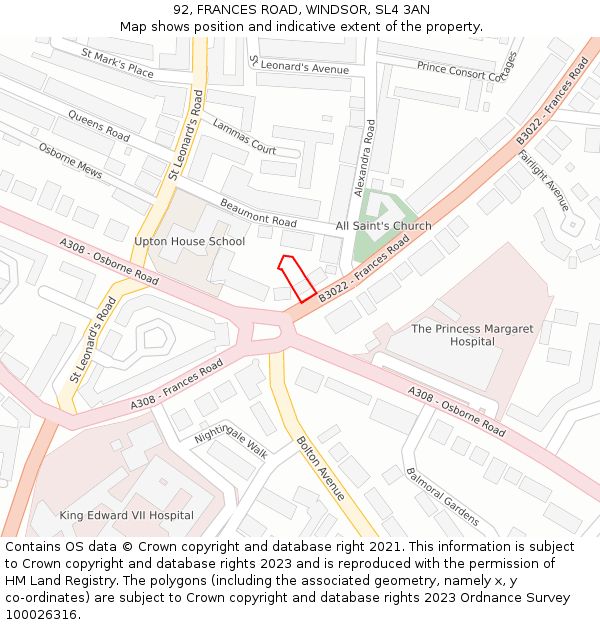 92, FRANCES ROAD, WINDSOR, SL4 3AN: Location map and indicative extent of plot