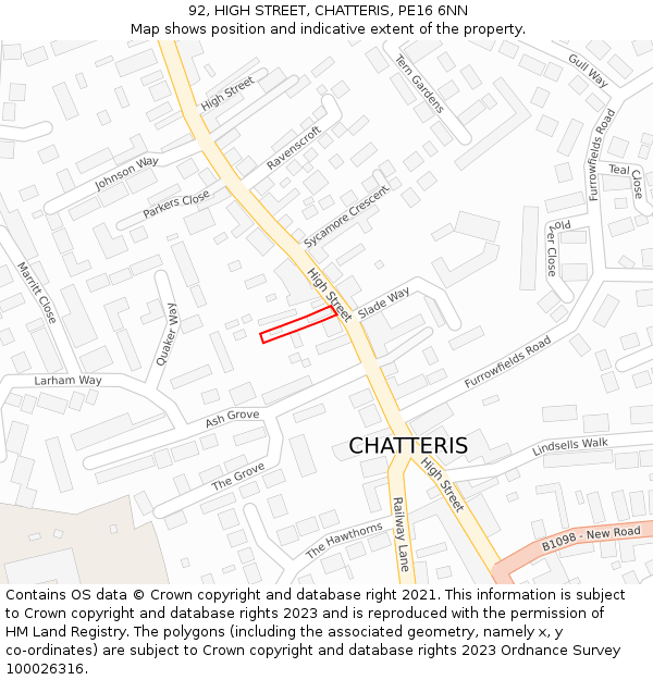 92, HIGH STREET, CHATTERIS, PE16 6NN: Location map and indicative extent of plot