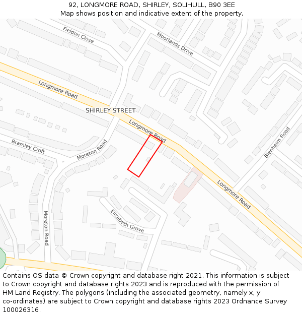 92, LONGMORE ROAD, SHIRLEY, SOLIHULL, B90 3EE: Location map and indicative extent of plot