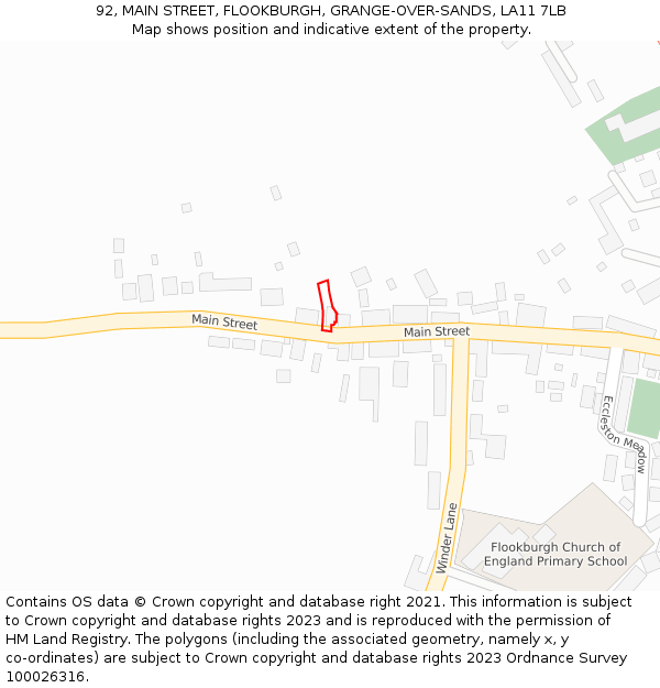 92, MAIN STREET, FLOOKBURGH, GRANGE-OVER-SANDS, LA11 7LB: Location map and indicative extent of plot