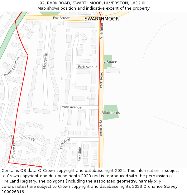 92, PARK ROAD, SWARTHMOOR, ULVERSTON, LA12 0HJ: Location map and indicative extent of plot