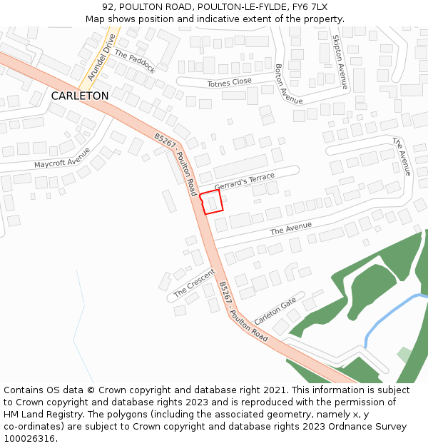 92, POULTON ROAD, POULTON-LE-FYLDE, FY6 7LX: Location map and indicative extent of plot