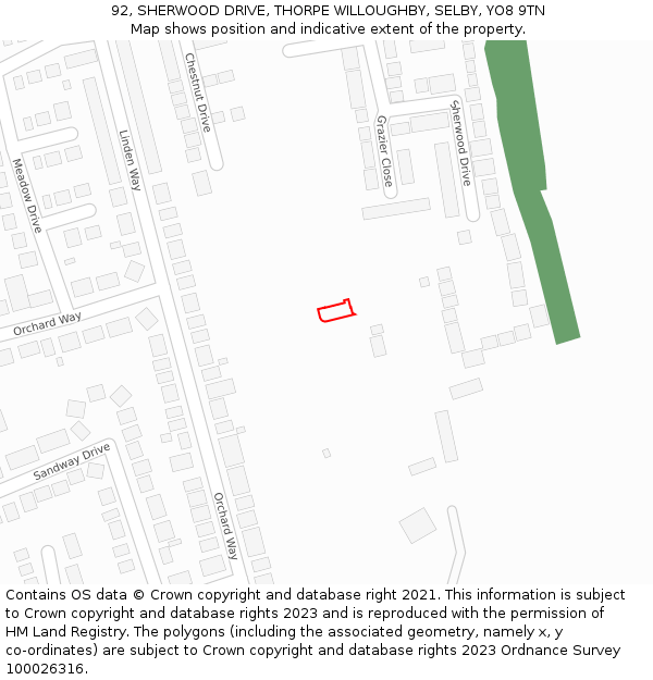 92, SHERWOOD DRIVE, THORPE WILLOUGHBY, SELBY, YO8 9TN: Location map and indicative extent of plot