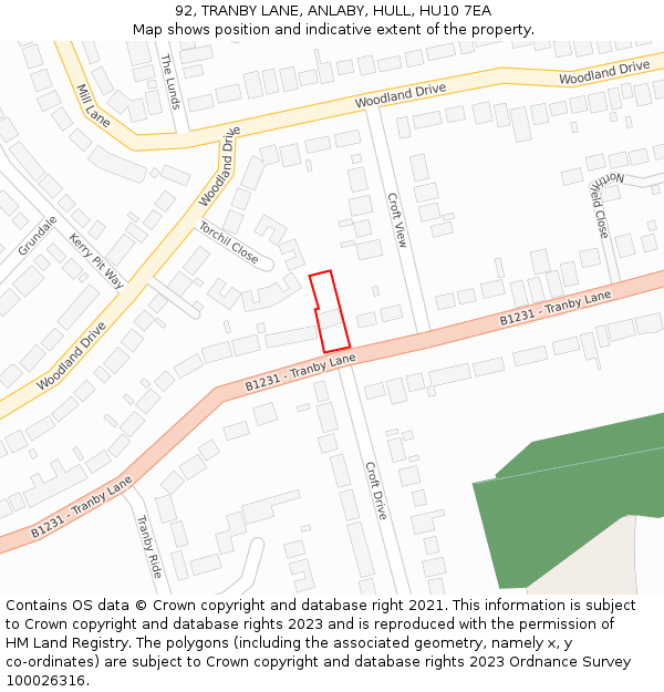 92, TRANBY LANE, ANLABY, HULL, HU10 7EA: Location map and indicative extent of plot