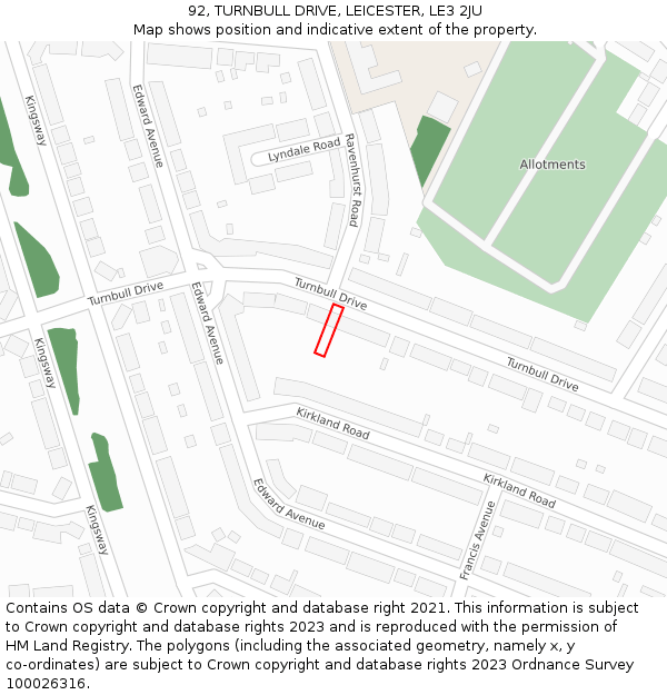 92, TURNBULL DRIVE, LEICESTER, LE3 2JU: Location map and indicative extent of plot