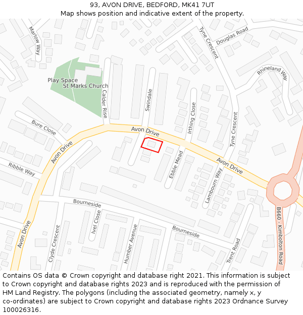 93, AVON DRIVE, BEDFORD, MK41 7UT: Location map and indicative extent of plot