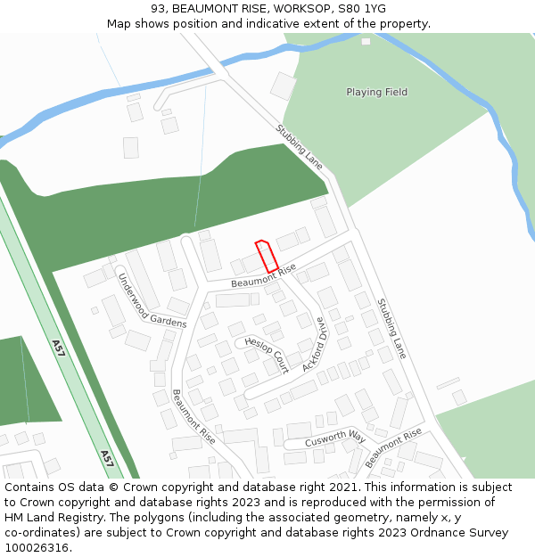 93, BEAUMONT RISE, WORKSOP, S80 1YG: Location map and indicative extent of plot