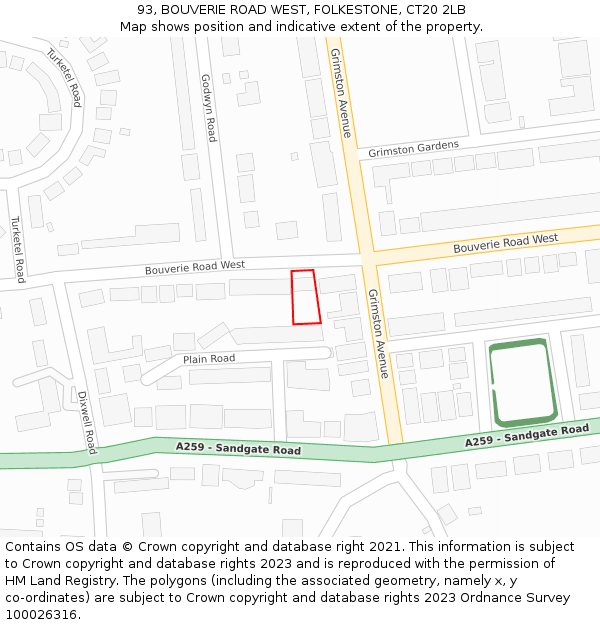 93, BOUVERIE ROAD WEST, FOLKESTONE, CT20 2LB: Location map and indicative extent of plot