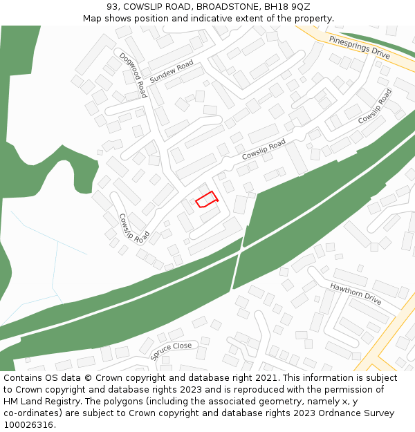 93, COWSLIP ROAD, BROADSTONE, BH18 9QZ: Location map and indicative extent of plot