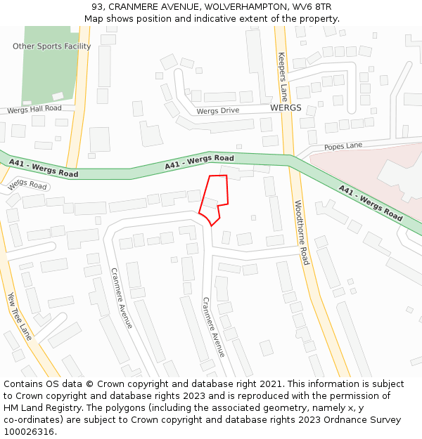 93, CRANMERE AVENUE, WOLVERHAMPTON, WV6 8TR: Location map and indicative extent of plot