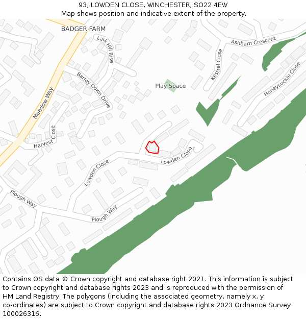 93, LOWDEN CLOSE, WINCHESTER, SO22 4EW: Location map and indicative extent of plot