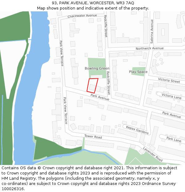 93, PARK AVENUE, WORCESTER, WR3 7AQ: Location map and indicative extent of plot