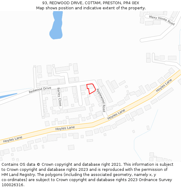 93, REDWOOD DRIVE, COTTAM, PRESTON, PR4 0EX: Location map and indicative extent of plot