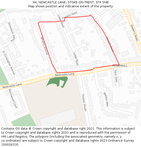 94, NEWCASTLE LANE, STOKE-ON-TRENT, ST4 5NB: Location map and indicative extent of plot