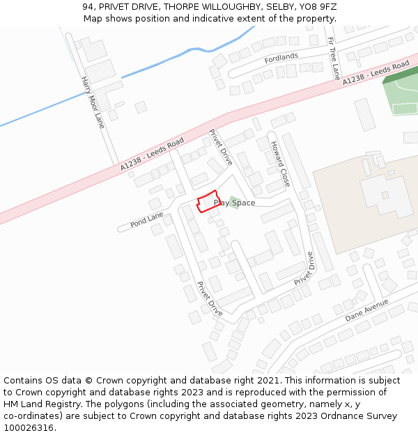 94, PRIVET DRIVE, THORPE WILLOUGHBY, SELBY, YO8 9FZ: Location map and indicative extent of plot