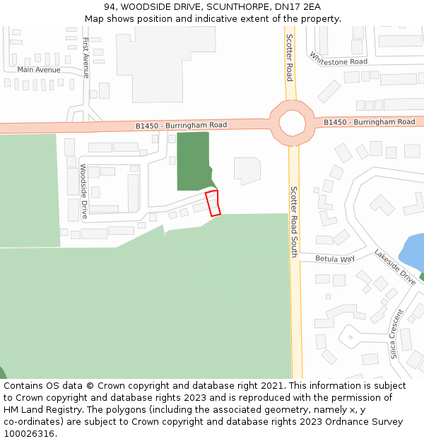 94, WOODSIDE DRIVE, SCUNTHORPE, DN17 2EA: Location map and indicative extent of plot